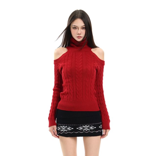 SPUCIKLEI-Long Sleeve Turtleneck Cold Shoulder Plain Cable Knit Mini Sweater Dress