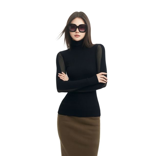 SPUCIKLEI-Long-Sleeve Turtleneck Plain Knit Top