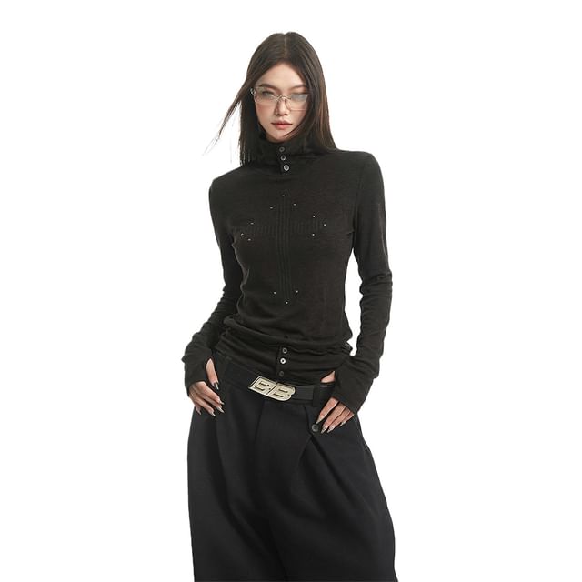 SPUCIKLEI-Long-Sleeve Turtleneck Plain Knit Top