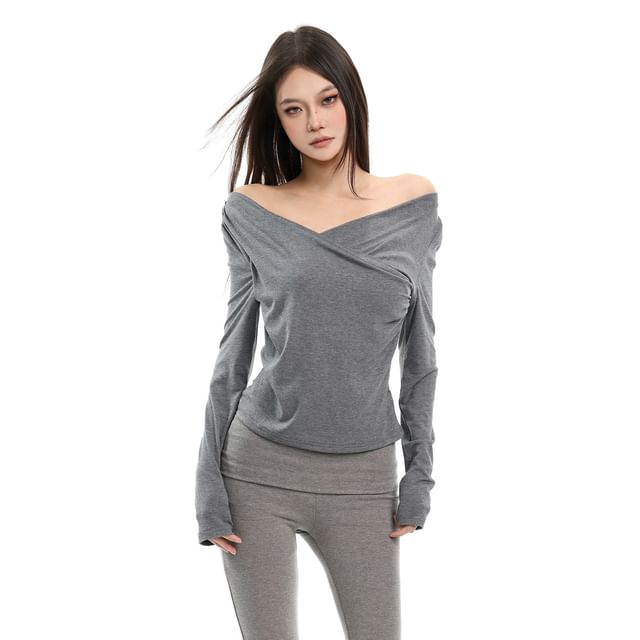 SPUCIKLEI-Long Sleeve V-Neck Plain Ruched Wrap Top