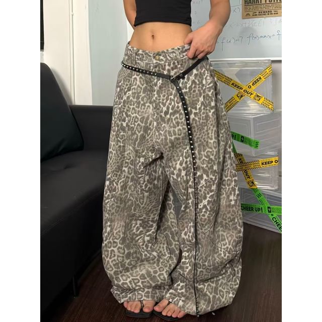 SPUCIKLEI-Low Rise Leopard Print Baggy Pants
