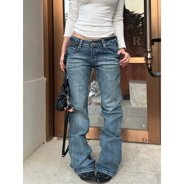 SPUCIKLEI-Low Rise Washed Boot Cut Jeans