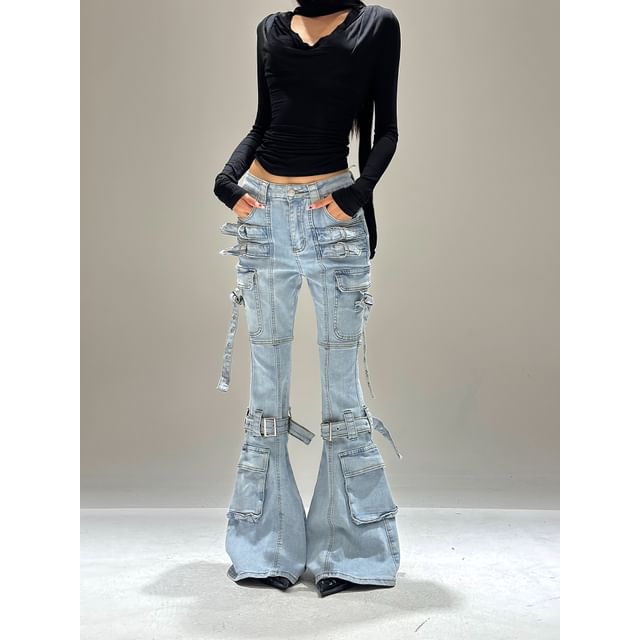 SPUCIKLEI-Low Waist Washed Buckled Bootcut Jeans