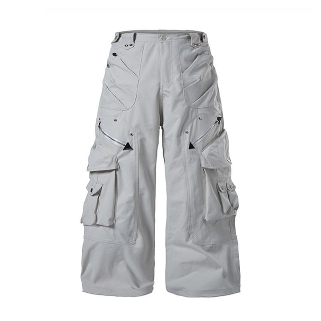 SPUCIKLEI-Mid Rise Plain Wide Leg Cargo Pants