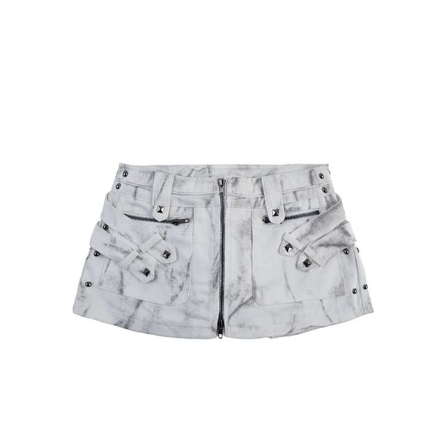 SPUCIKLEI-Mid Rise Tie Dye Studded Zip Mini Denim Skort