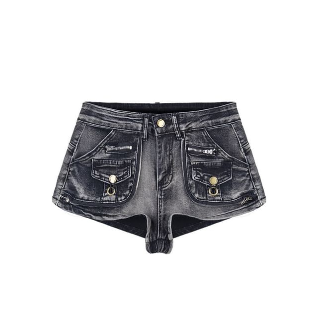 SPUCIKLEI-Mid Rise Washed Denim Hot Pants