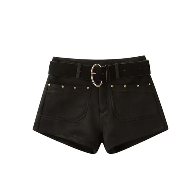 SPUCIKLEI-Mid Waist Belted Studded Shorts