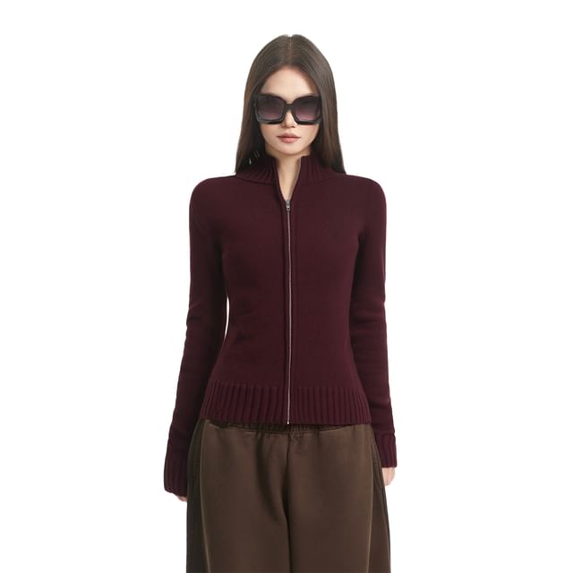 SPUCIKLEI-Mock Neck Zip-Up Plain Cardigan