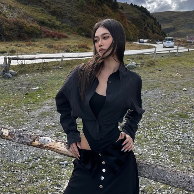 SPUCIKLEI-Mock Two-Piece Long-Sleeve Collar Bodysuit Top