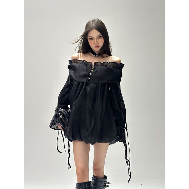 SPUCIKLEI-Off-Shoulder Plain Ruffle Mini A-Line Dress