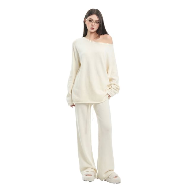 SPUCIKLEI-Off Shoulder Plain Sweater Drawstring Waist Plain Wide Leg Pants