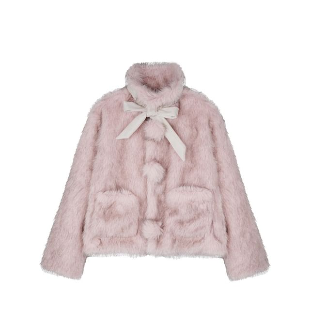 SPUCIKLEI-Plain Bobble Bow Fluffy Zip Jacket