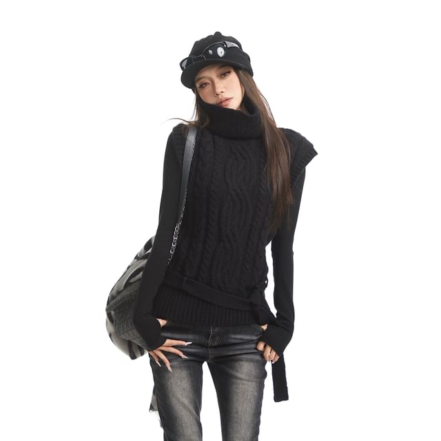 SPUCIKLEI-Plain Turtleneck Cable Knit Sweater Vest