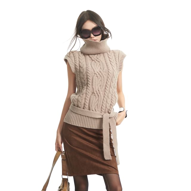 SPUCIKLEI-Plain Turtleneck Cable Knit Sweater Vest