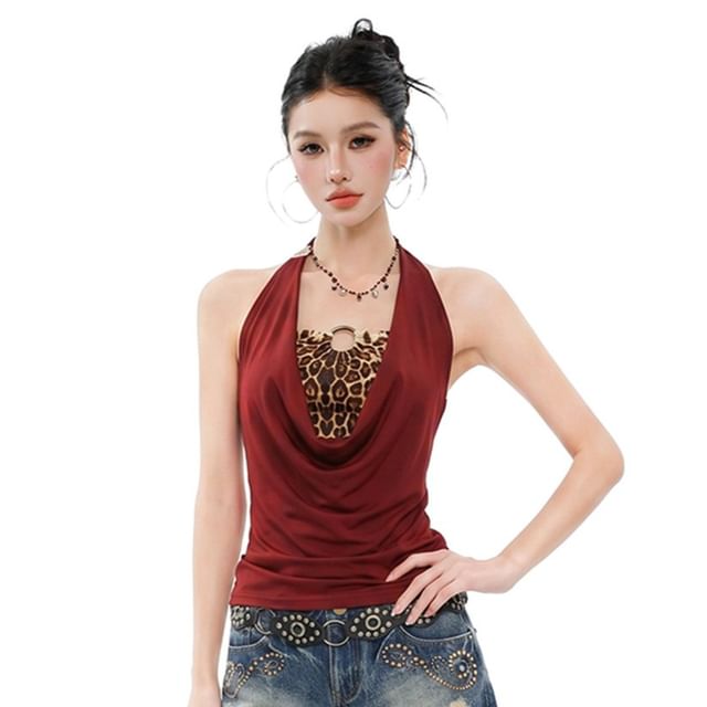SPUCIKLEI-Set Halter Cowl Neck Plain Open Back Top Leopard Print Crop Tube Top