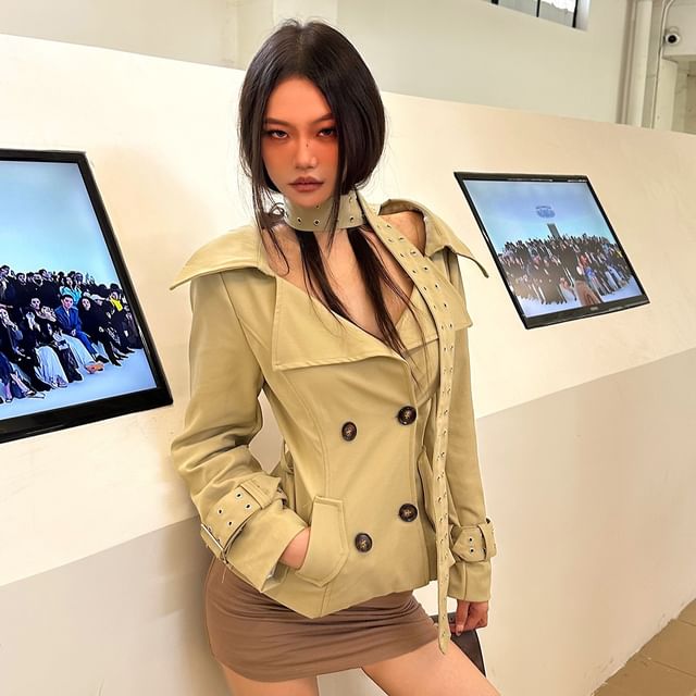 SPUCIKLEI-Set Lapel Collar Double-Breasted Plain Crop Trench Jacket Belt
