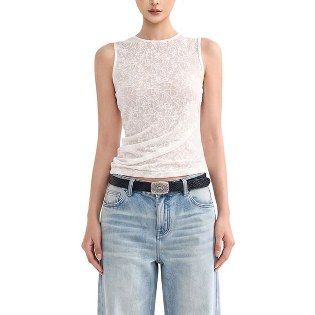SPUCIKLEI-Sleeveless Crew Neck Plain Lace Top