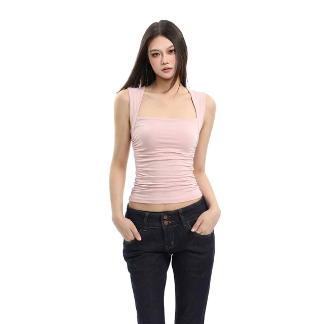 SPUCIKLEI-Sleeveless Square Neck Plain Ruched Crop Top