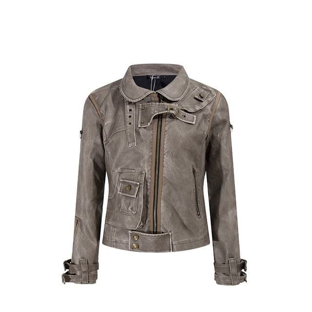 SPUCIKLEI-Stand Collar Buckled Faux Leather Zip Jacket