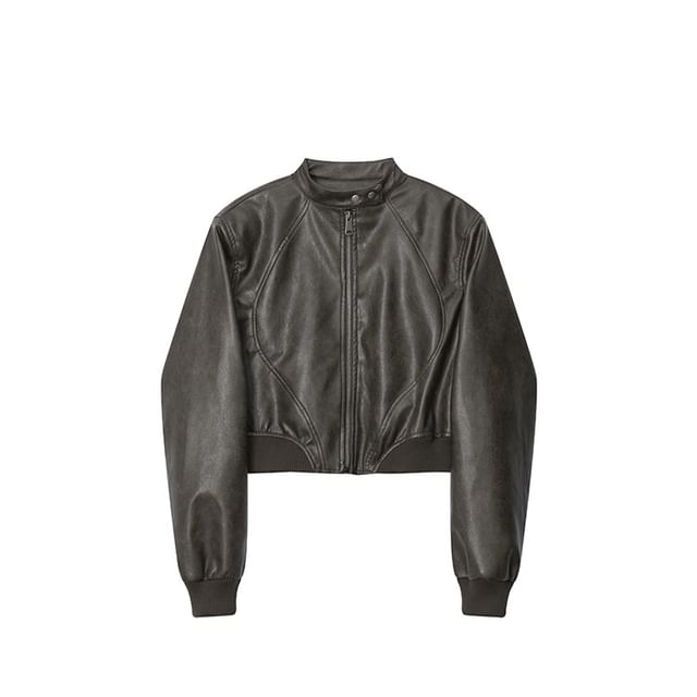 SPUCIKLEI-Stand Collar Plain Faux Leather Zip Jacket