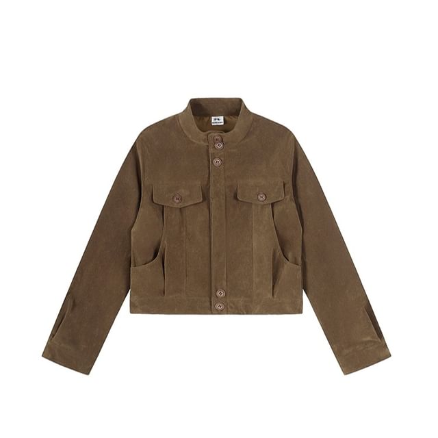 SPUCIKLEI-Stand Collar Plain Faux Suede Button Jacket