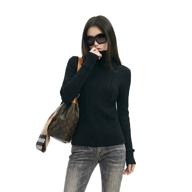 SPUCIKLEI-Turtleneck Plain Cable Knit Sweater