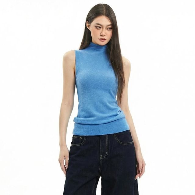 SPUCIKLEI-Turtleneck Plain Knit Tank Top