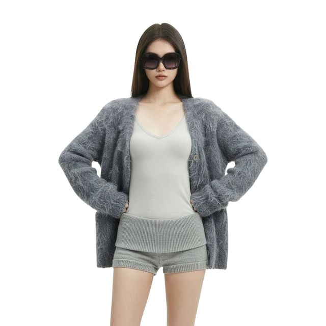 SPUCIKLEI-V-Neck Plain Fluffy Button Up Cardigan