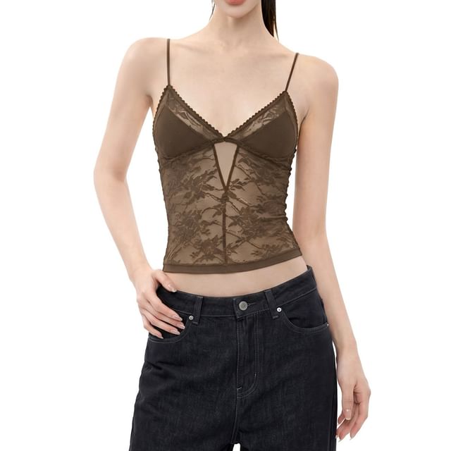 SPUCIKLEI-V-Neck Plain Panel Lace Camisole Top