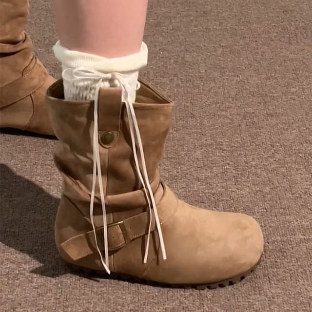 STEPUP-Belted Faux Suede Short Boots