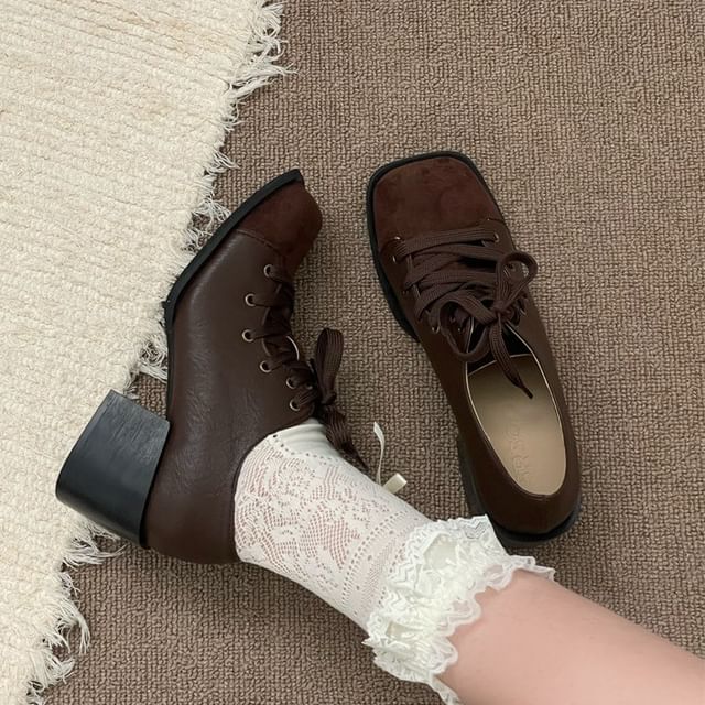 STEPUP-Block Heel Square Toe Lace-Up Shoes