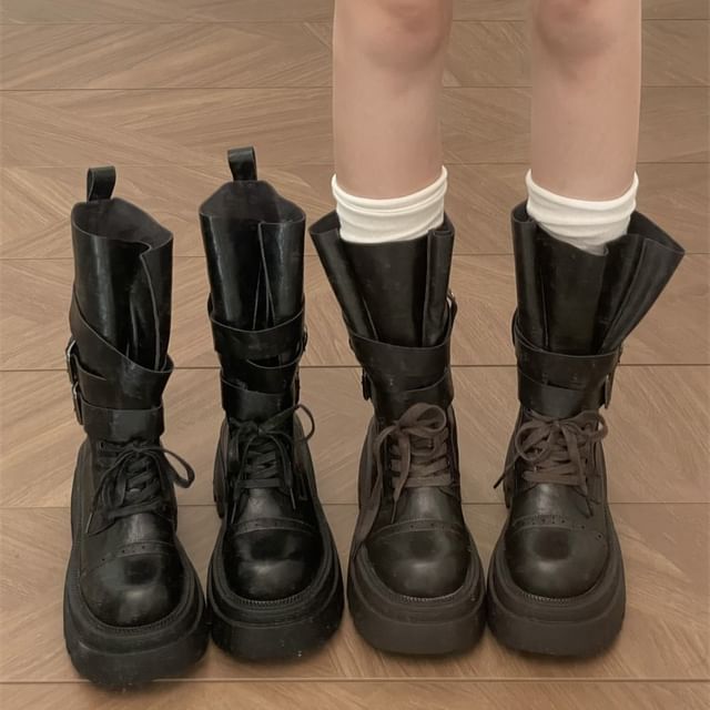 STEPUP-Platform Belted Lace Up Mid Calf Boots