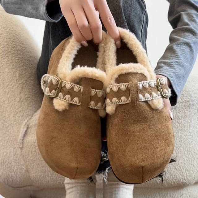 STEPUP-Platform Buckled Fleece-Lined Faux Suede Slip Ons