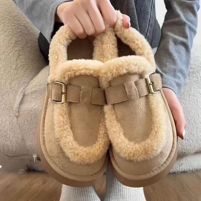 STEPUP-Platform Buckled Fleece-Lined Faux Suede Slip Ons
