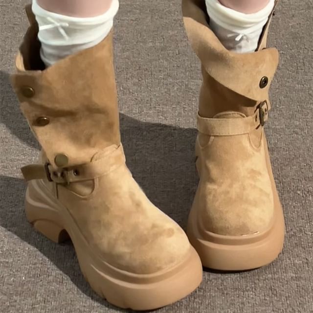 STEPUP-Platform Button Belted Faux Suede Short Boots