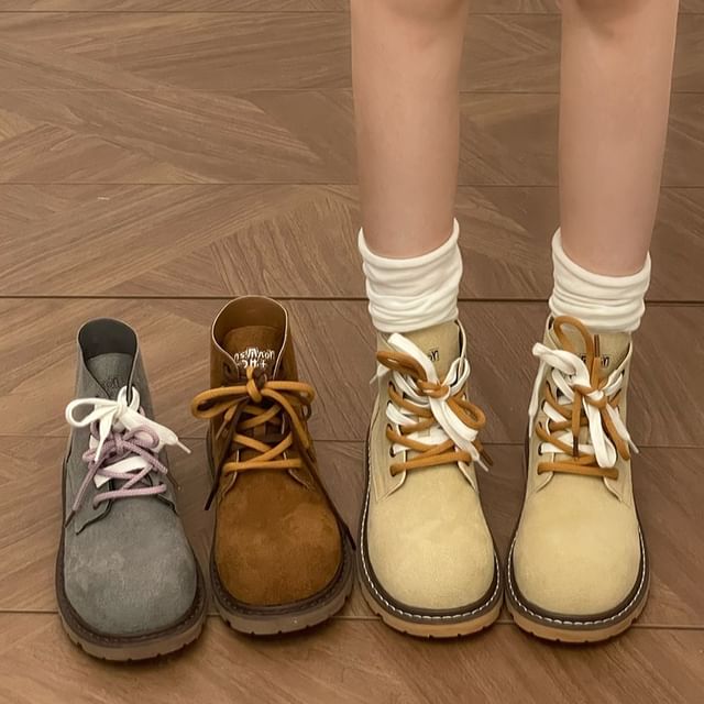 STEPUP-Platform Faux Suede Lace Up Short Boots