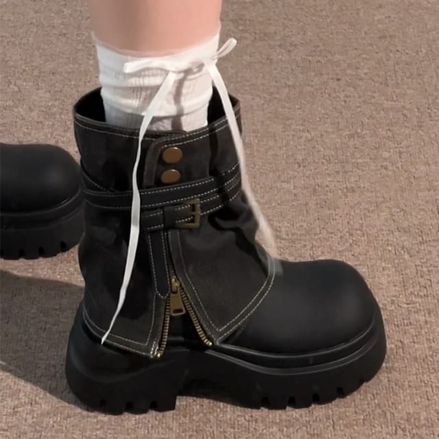 STEPUP-Platform Panel Zip Belted Button Short Boots