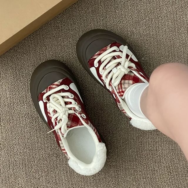 STEPUP-Platform Plaid Fleece-Lined Lace-Up Sneakers