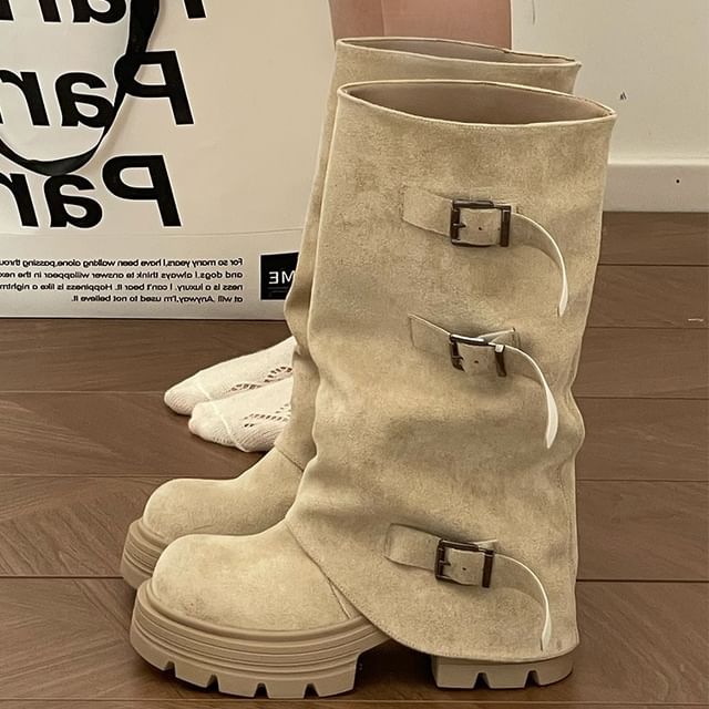 STEPUP-Platform Plain Buckled Mid-Calf Boots