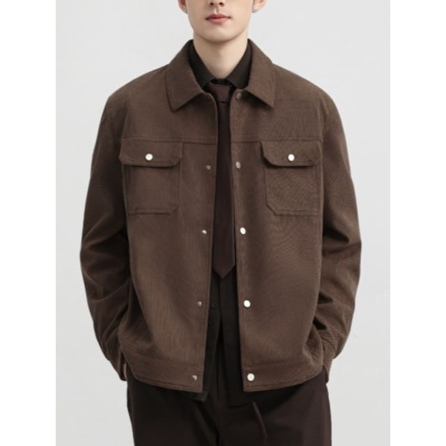 Stone Leo-Collared Plain Button-Up Jacket