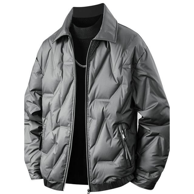 Stone Leo-Collared Zip-Up Plain Puffer Jacket