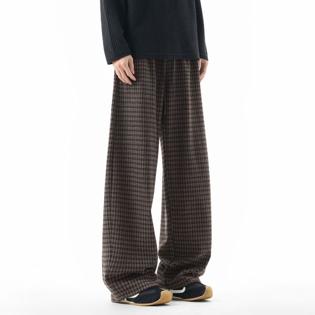 Stone Leo-Drawstring Waist Plaid Wide Leg Pants