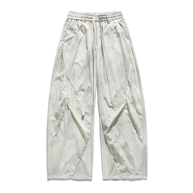 Stone Leo-Drawstring Waist Plain Barrel Leg Baggy Pants