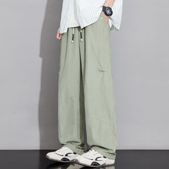 Stone Leo-Drawstring Waist Plain Barrel Leg Baggy Pants