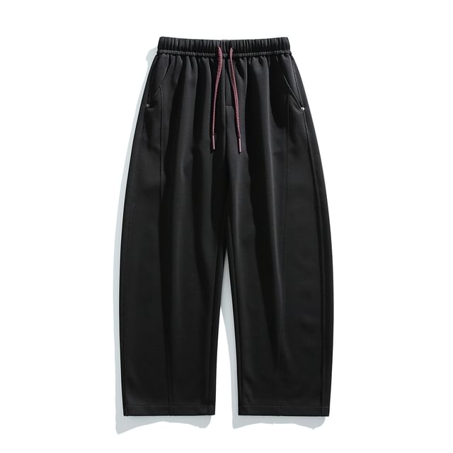Stone Leo-Drawstring Waist Plain Barrel Leg Sweatpants