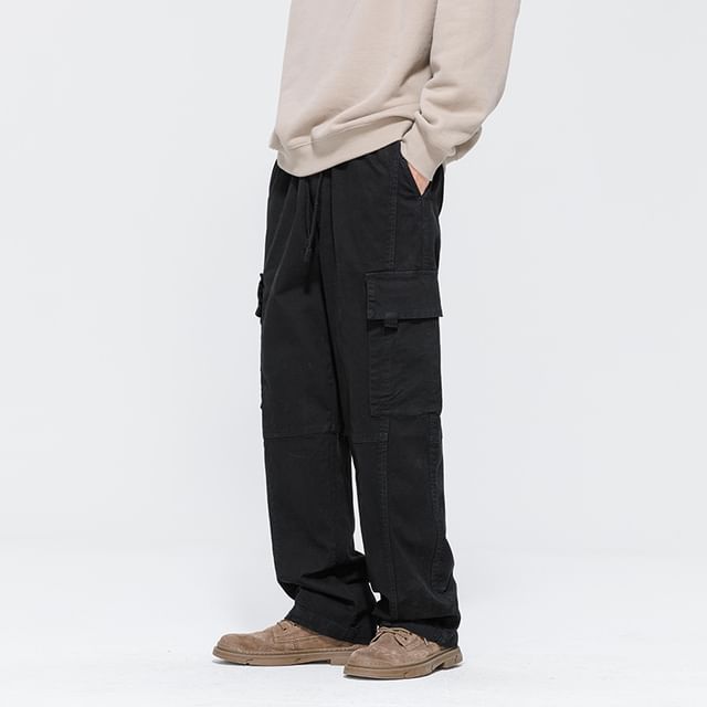 Stone Leo-Drawstring Waist Plain Straight Leg Cargo Pants