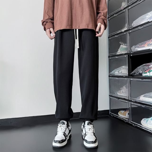 Stone Leo-Drawstring Waist Plain Straight Leg Sweatpants