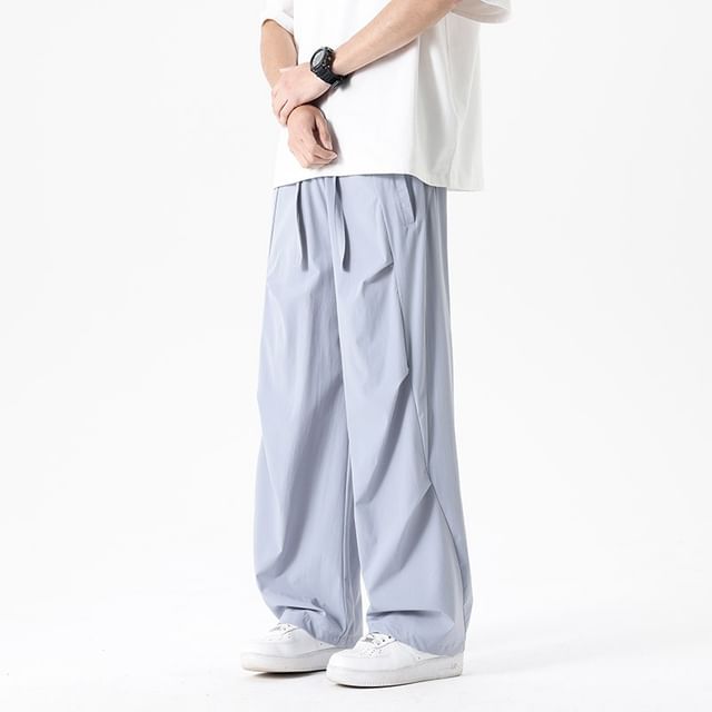 Stone Leo-Drawstring Waist Plain Wide Leg Pants