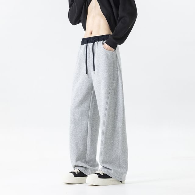 Stone Leo-Drawstring Waist Plain Wide Leg Sweatpants