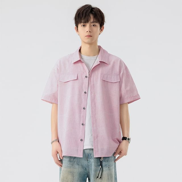 Stone Leo-Short-Sleeve Collared Plaid Button Up Shirt